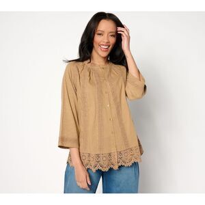 LOGO by Lori Goldstein Women's Top Plus Sz Sweater 2X Woven Button Brown A641689